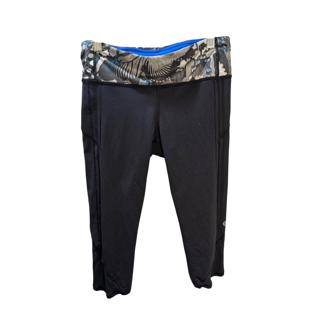Lululemon Black Cropped Leggings With Multicolor Patterned Waistband Womens Athl